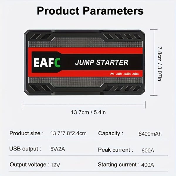 Portable Car Jump Starter Power Bank - 12V Auto Starting Device with LED Light, Supports 12V Gasoline Cars Up to 3.0L, Emergency Booster for Safe and Reliable Jump Starting - Image 2