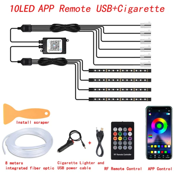 LED Car Interior Ambient Strip Lights RGB Fiber Optic Atmosphere Neon Lighting Kit W/ APP Remote Control Auto Decorative Lamps - Image 13