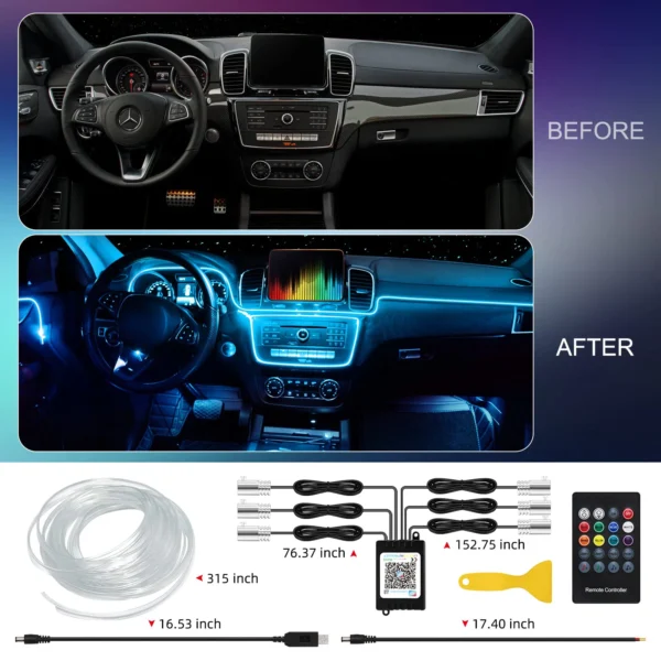 LED Car Interior Ambient Strip Lights RGB Fiber Optic Atmosphere Neon Lighting Kit W/ APP Remote Control Auto Decorative Lamps - Image 3