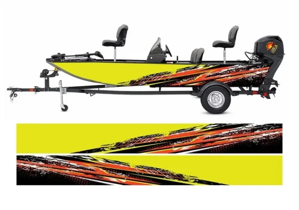 Red and Yellow Abstract Modern Lines Graphic Boat Vinyl Wrap Decal Fishing Bass Pontoon Sportsman Tenders Console Bowriders Deck - Image 3