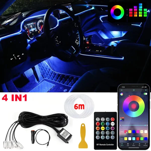 LED Car Interior Ambient Strip Lights RGB Fiber Optic Atmosphere Neon Lighting Kit W/ APP Remote Control Auto Decorative Lamps - Image 10