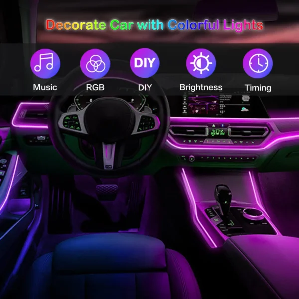 LED Car Interior Ambient Strip Lights RGB Fiber Optic Atmosphere Neon Lighting Kit W/ APP Remote Control Auto Decorative Lamps - Image 2