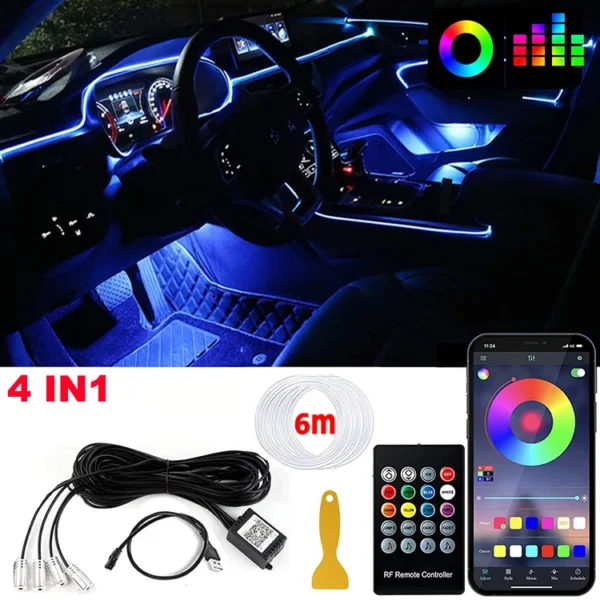 LED Car Interior Ambient Strip Lights RGB Fiber Optic Atmosphere Neon Lighting Kit W/ APP Remote Control Auto Decorative Lamps - Image 8
