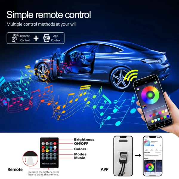 LED Car Interior Ambient Strip Lights RGB Fiber Optic Atmosphere Neon Lighting Kit W/ APP Remote Control Auto Decorative Lamps - Image 5